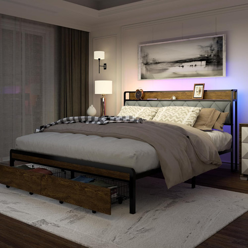 Base De Cama Matrimonial Size Con 2 Cajones Y Estacion Carga