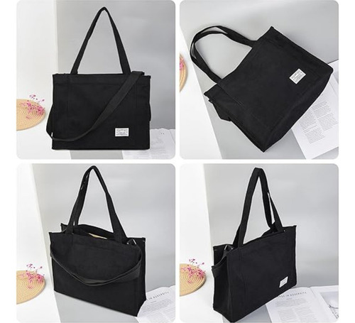 Bolso Tote Bag Grande Cartera De Mujer Bandolera Corderoy Acabado De Los Herrajes Níquel Color Negro Diseño De La Tela Liso