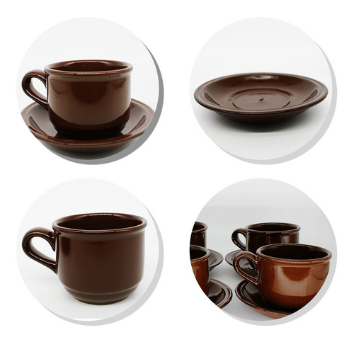 Imagem 6 de 7 de Jogo De Xícaras De Cafe Chá 12pçs Marrom Com Pires Ceramica