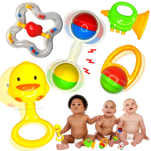 Imagem 2 de 3 de Brinquedos Para Bebê Kit Chocalho + Mordedor Macio Colorido