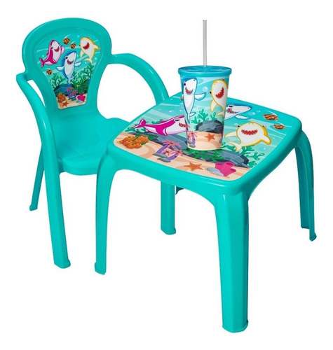 Kit Infantil De Mesa Com Cadeira E Copo Com Canudo Usual Cor AZUL OCEANO