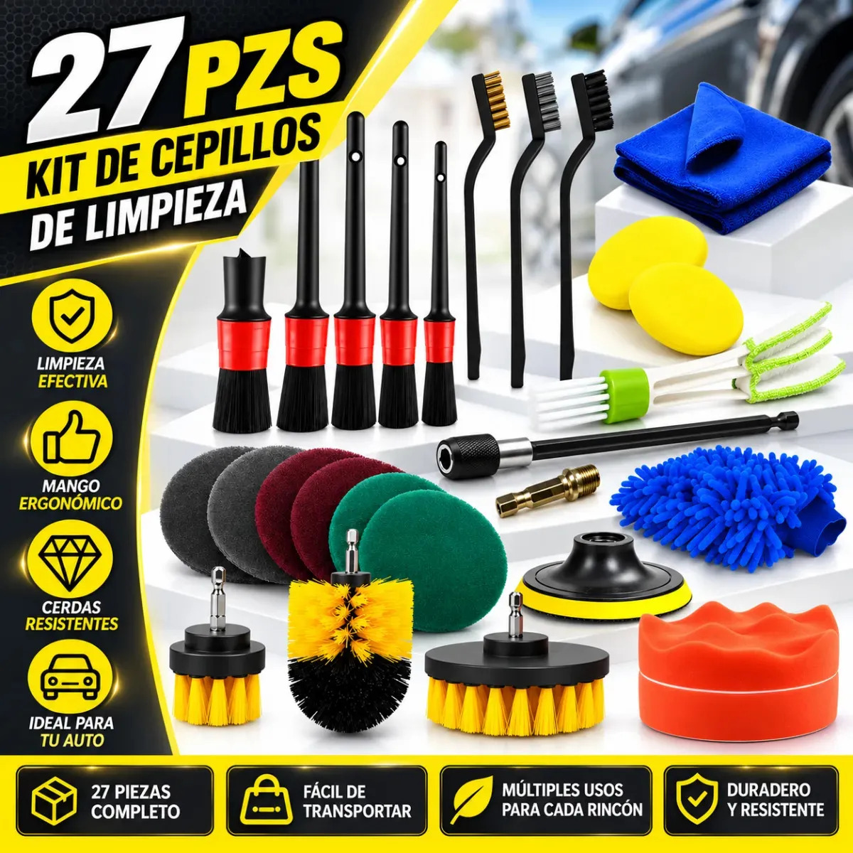 Kit de 27 Piezas para Limpieza Profesional de Coche con Cepillo de Taladro Eléctrico Multiusos