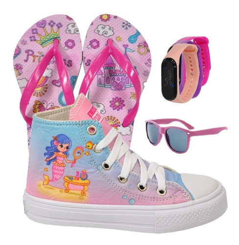 Tênis Botinha Infantil Sereia + Chinelo + Óculos + Relógio 