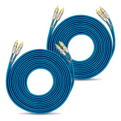 Kit Com 2 Cabos Rca 5 Metros Dupla Blindagem Cobre Azul