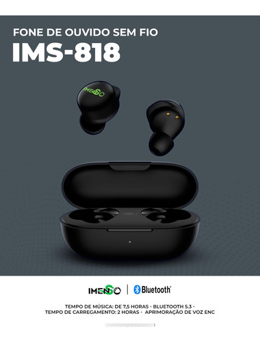 Fone De Ouvido Imenso Ims818 Bluetooth 5.3 Enc 7.5h Cor Preto