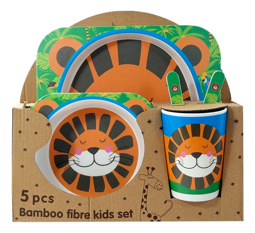 Set Infantil Plato Vaso Cubiertos Diseño Animales De Bambú