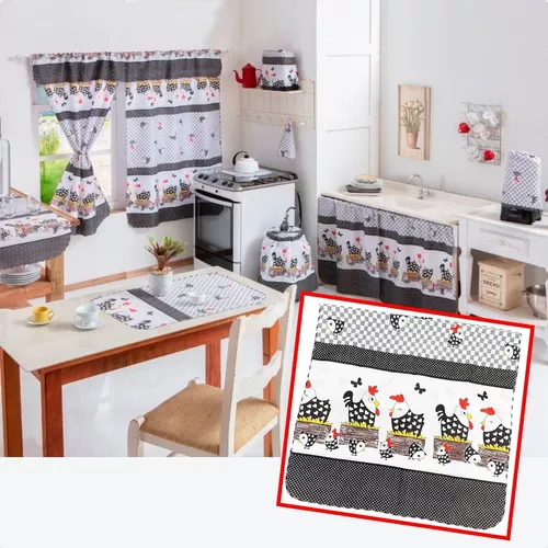 Kit 1 Jogo Cozinha Tergal 8 Peças Cortina Estampado Promoção