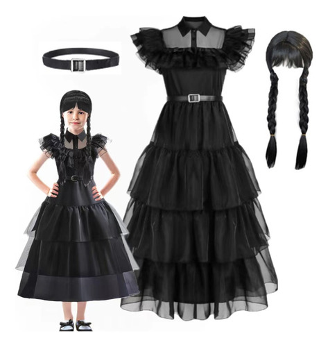 Vestido De Wednesday Addams Disfraz Negro Cosplay Baile Escolar Trajes Chicas Fiesta Halloween