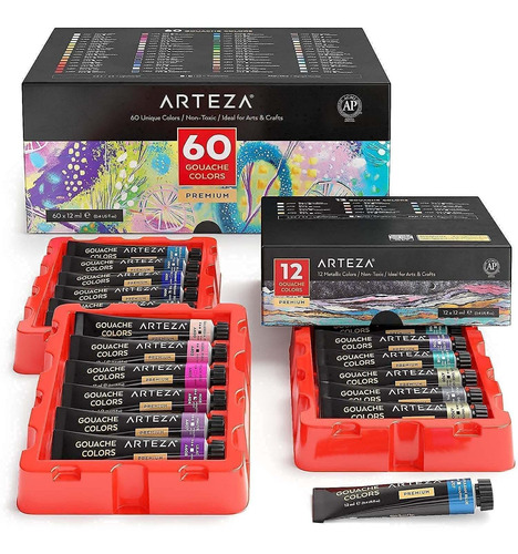 Pintura Arteza Gouache 12 Color Metalico 60 Vibrante Tubo