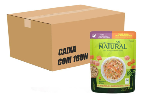 Ração Úmida Gato Guabi Natural Frango Salmão Sachê 85g 18un