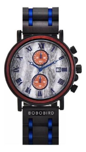 Bobo Bird T631, correa de reloj para hombre, color rojo, madera y acero inoxidable, color de fondo ébano, color jaspeado