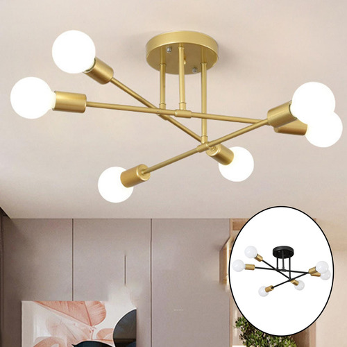 Lámpara De Techo De Hierro Con 6 Candelabros Negro Dorado