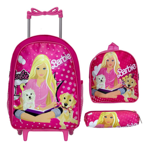 Mochila Escolar Feminina Juvenil Carrinho Barbie Pets Rosa