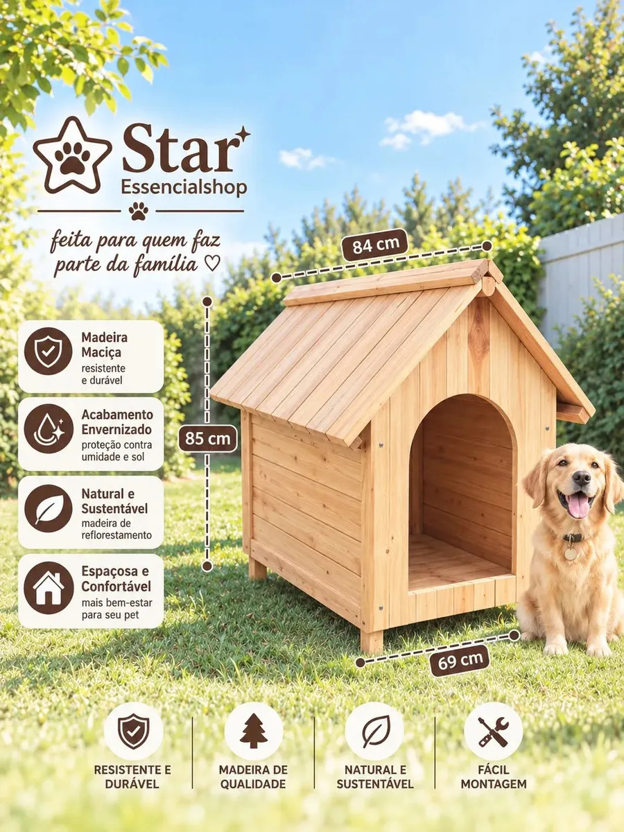 Casinha Pet Luxo Envernizada Grande Abrigo Para Cachorro Resistente E Confortável Exterior Inferior Sol Chuva N5