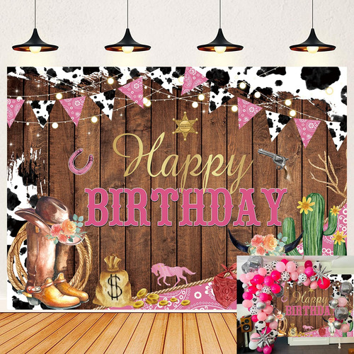 Western Cowgirl Birthdrop Telón De Fondo Estampado Vaca Pink