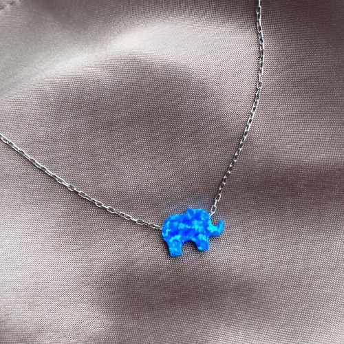Lindo Collar De Plata .925 Piedra Ópalo Azul Elefante
