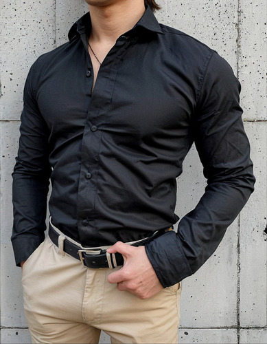 Camisa De Vestir Hombre Elastizada Manga Larga Entallada