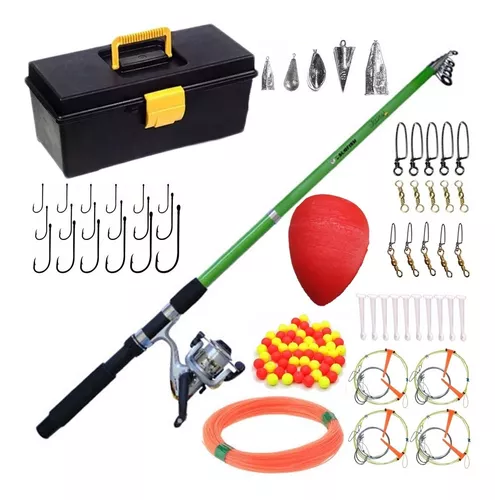 Kit Pesca Equipo Completo Caña 2,10 Y 2,40 Maciza Reel Caja