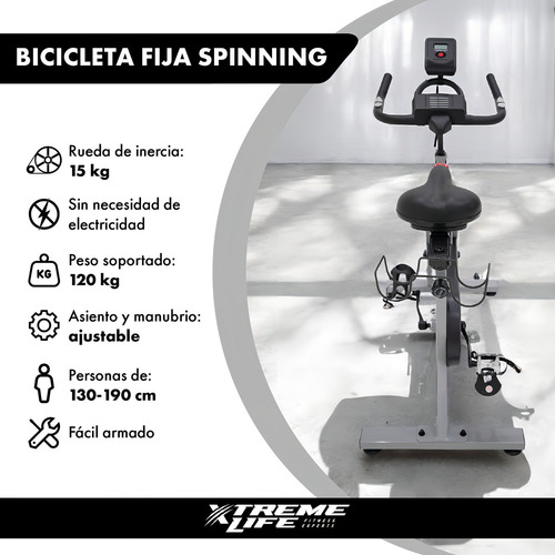 Bicicleta Fija Spinning 15 kg Rueda De Inercia Estática Peso Max 120 kg Color Gris Asiento Ajustable Con Soporte Botella Fitness Cardio Ejercicio Gym Xtreme Life