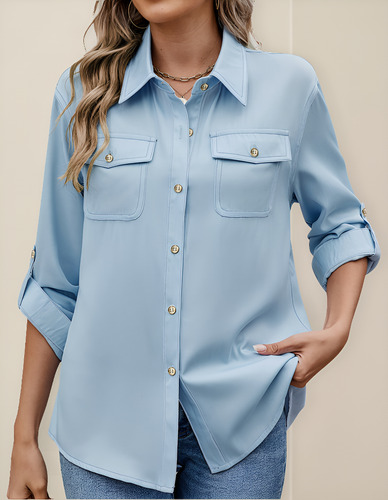 Camisas Mangas Enrolladas Con Botones Mujer Con Cuello En V