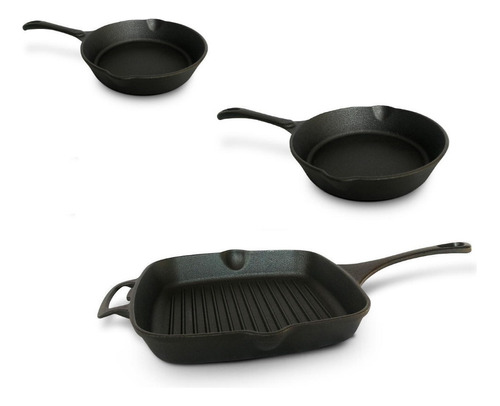 Set Sartenes 16cm + 25cm + Grill Hierro Fundido Record Juego Color Negro