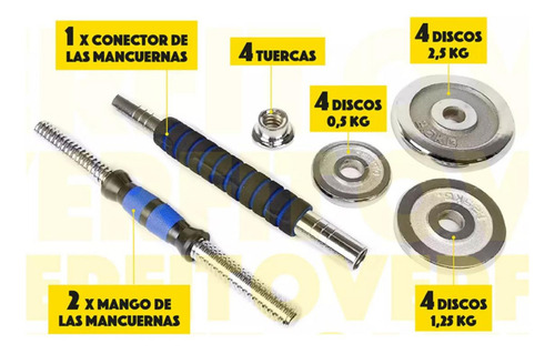 Set De Mancuernas 20kg Barra Unibles Pesas Discos De Hierro Plateado