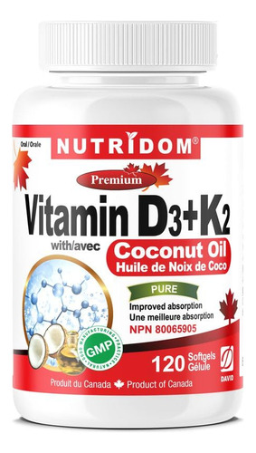 Nutridom Vitamina D3 + K2 Con Aceite De Coco 120 Cápsulas