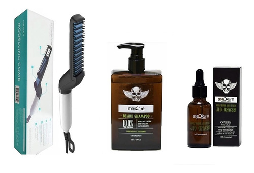 Cepillo Alisador Hombre + Shampoo De Barba + Aceite Barba