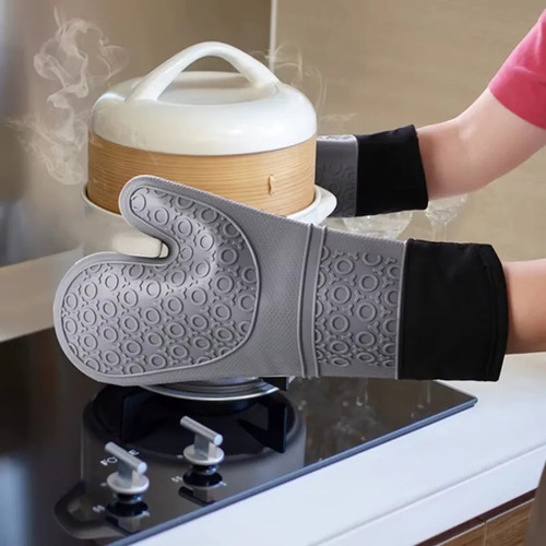 Guante Manopla Silicona Gris Horno Doble Capa Aislante Veoquiero