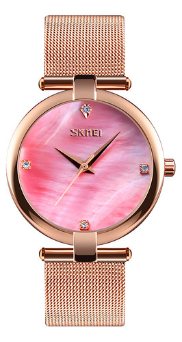 Reloj Mujer Skmei 9177 Acero Minimalista Elegante Clasico Color De La Malla Dorado/rosa Color Del Fondo Rosa