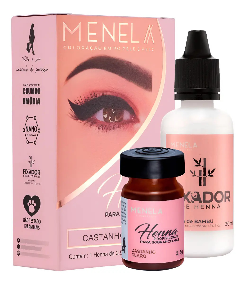 Kit Henna Para Sobrancelhas Menela 2,5g Com Fixador 15ml Cor Castanho Claro
