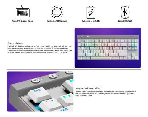 Teclado Gamer Logitech G G515 Lightspeed Tkl Wireless Blanco