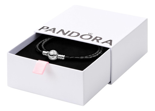 Pulsera De Plata Esterlina Con Dije De Cuero Negro De Pandor