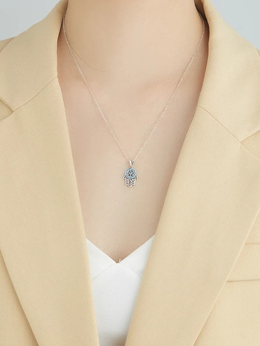 Imagen 3 de 5 de Collar Mano De Fátima Plata 925 Suerte Energia Mujer Azul