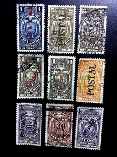 9 Timbres Postales De Ecuador Estampillas Fiscales Colección