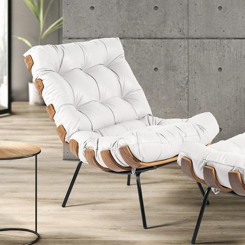 Kit 02 Poltronas Giratória Costela Couro Branco Base Madeira