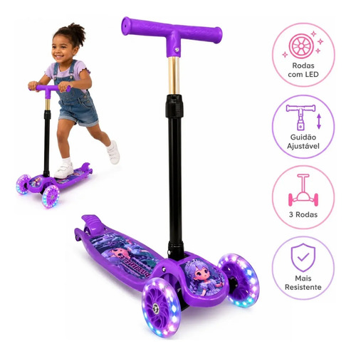 Patinete Infantil 3 Rodas Para Menina Dobrável Ajustável Rodinhas Gel Com Led Atacarejo Kids Roxo