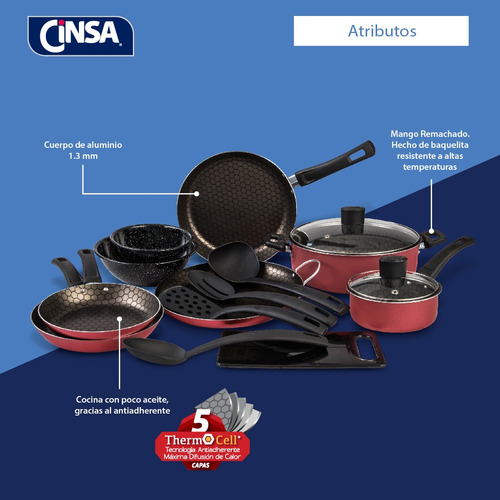 Batería Equipa Tu Cocina Cinsa Esencial De 15 Piezas Rojo