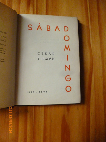 Sabadomingo, Cèsar Tiempo (1a.ed. 1938) - Impecable Estado -