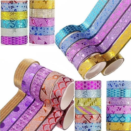 50 Washi Tape Glitter Fita Adesiva Kit 10 Cores P/ Decoração