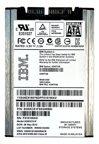 Ssd Ibm 50gb 1,8 Sata 3gbps 43w7729 43w7726 Hs22 Hx5 X3250 X3400 M3 X3650 M2 X3690 X3850 X3950 X5 @ Prateado