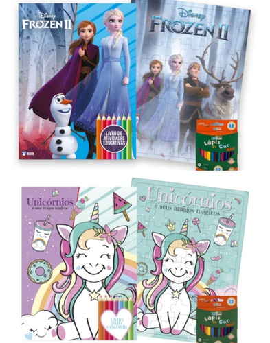  Kit Diversão Marvel Frozen 2 E  Unicórnios + Lápis De Cor