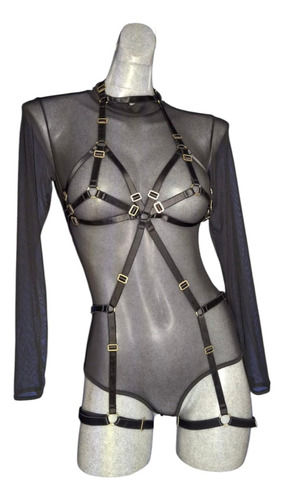Lencería Arnés Cuerpo Completo Ajustable Harness Fino Negro Lisa Mediana