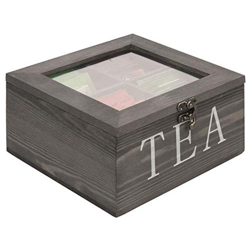 Rustic Gray Solid Wood Tea Storage Organizer Box With 4...