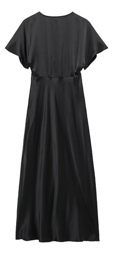 Vestido Midi Largo De Satén Negro Drapeado Mujer 2025