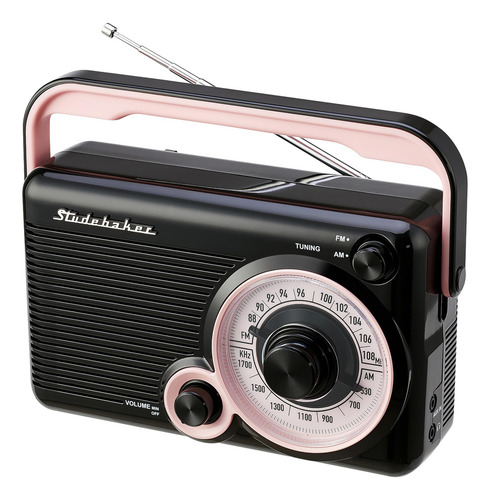Studebaker Sb2002pb - Radio Portátil Am/fm Con Conector Para Auriculares Y Conector Auxiliar Con Alimentación Ca/cc (rosa/negro)