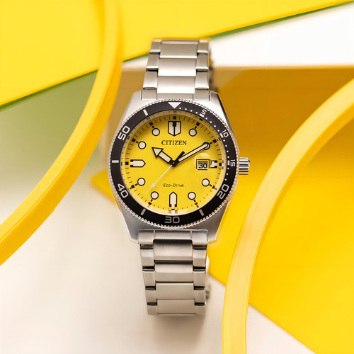 Reloj Citizen AW176081z Eco-drive Sports para hombre, 43 mm, correa, color plateado y bisel, color negro, color de fondo amarillo