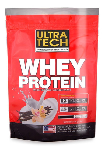 Whey Protein Ultra Tech X 454 G Proteína De Suero En Alta Concentración Suplemento Para Masa Muscular Sabor Chocolate