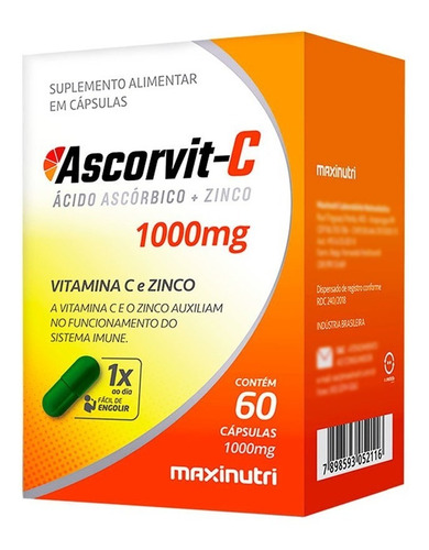 Ascorvit Vitamina C 1000mg + Zinco 60 Cápsulas Maxinutri Sabor Sem sabor
