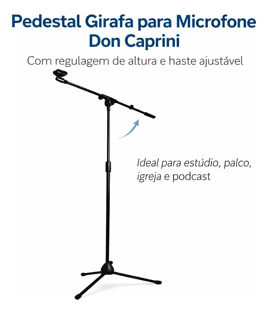 Pedestal para Microfone Don Caprini Girafa Preto com Tripé Dobrável para Estúdio e Podcast
